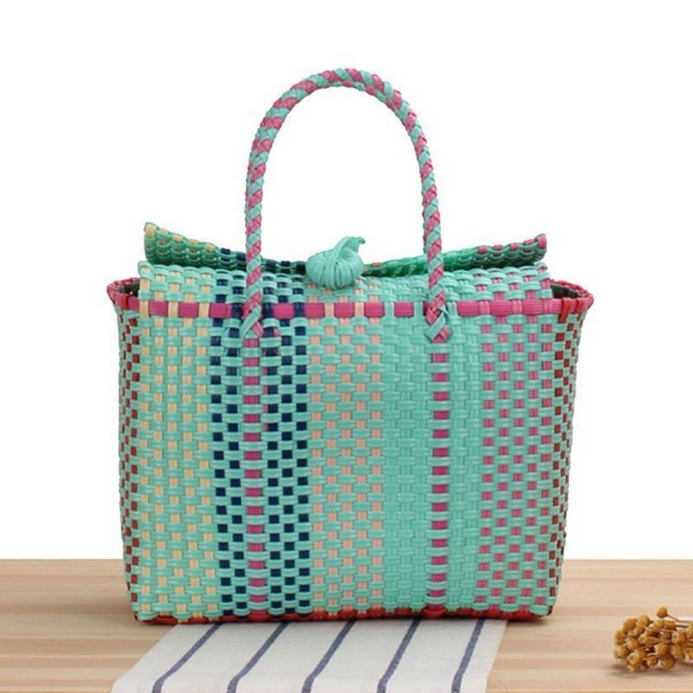 Hand Woven Summer Travel Plaid Pattern Tote Bag Handbag for Picnic Beach 13x11x4